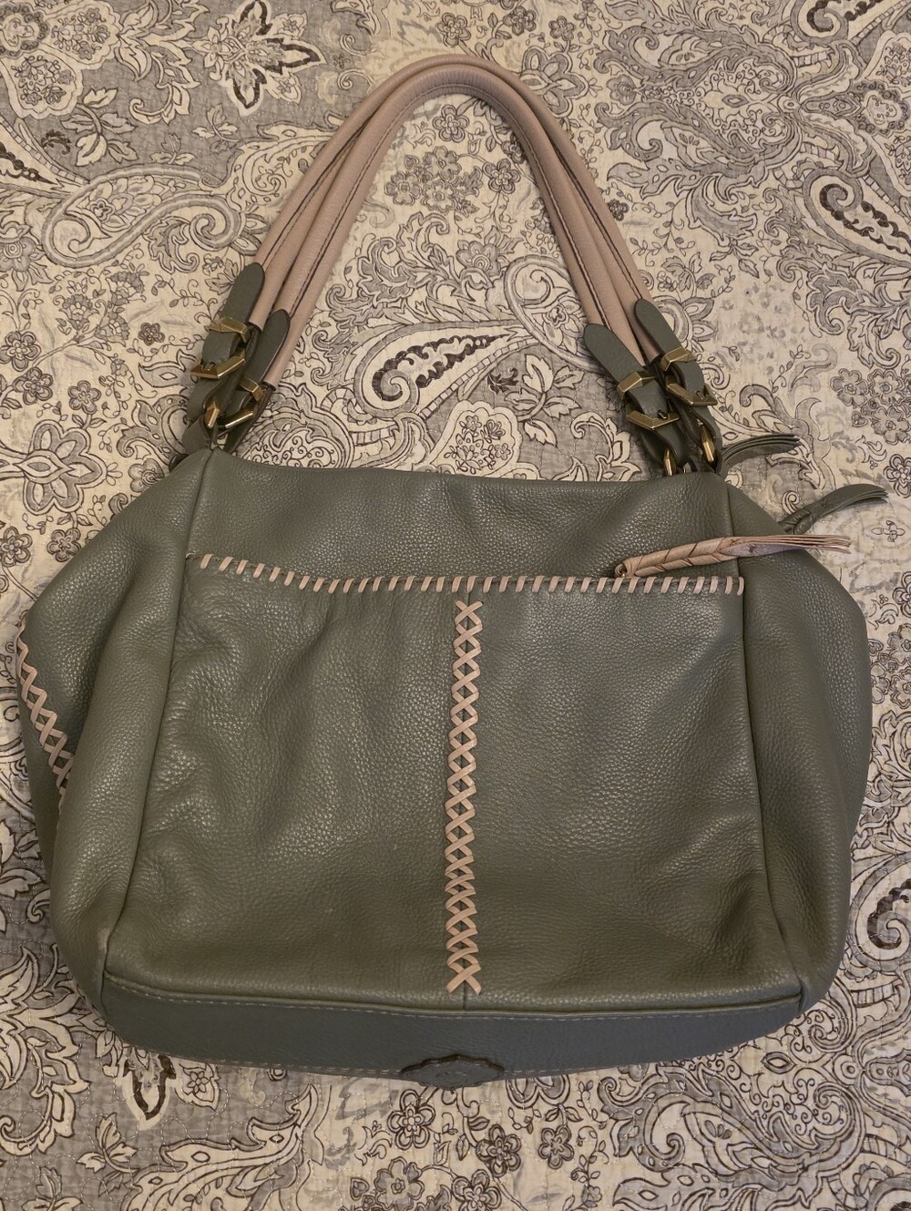 orYANY Large Pebbled Leather Hobo / Shoulder BagColor: Sage olive / gray-green